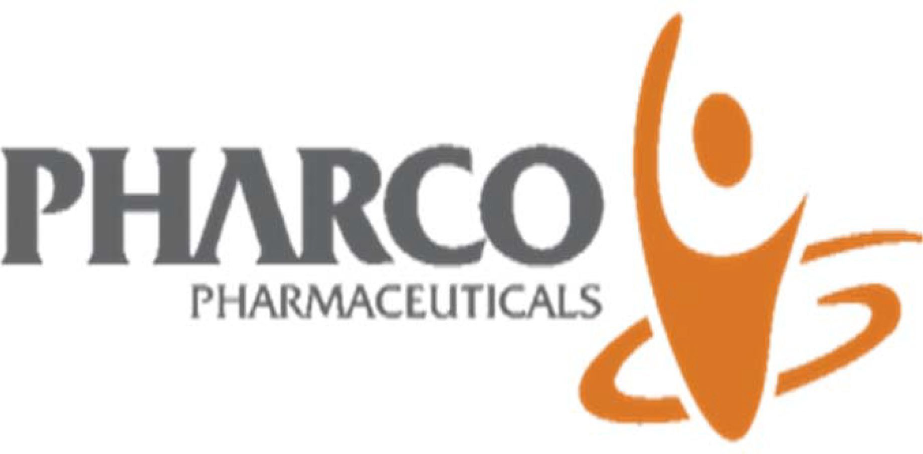 A logo for pharco pharmaceuticals with an orange figure