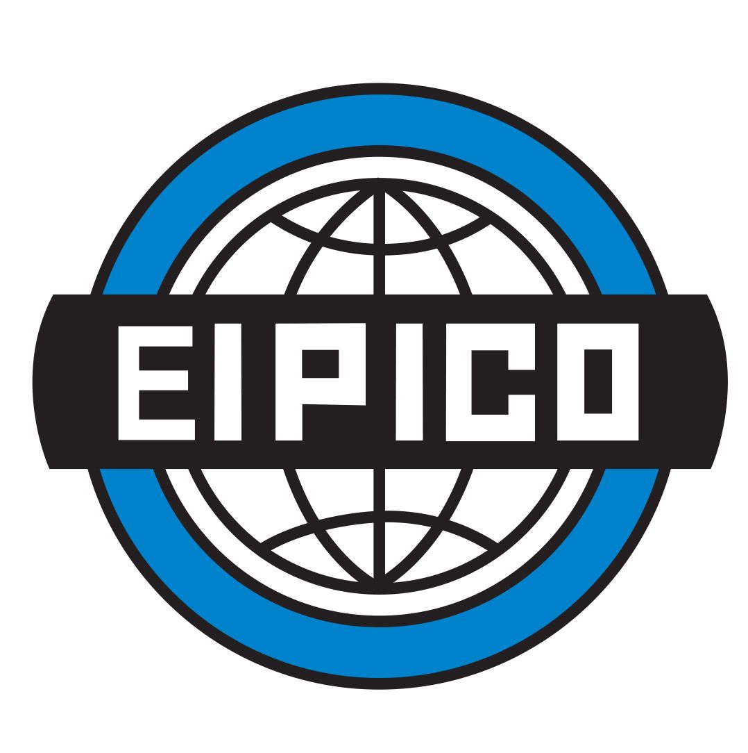 A blue and white logo for eipico with a globe in the middle
