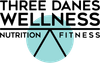 Logo of Three Danes Wellness: text over a teal circle containing a black triangle.