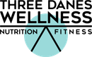 Logo of Three Danes Wellness: text over a teal circle containing a black triangle.