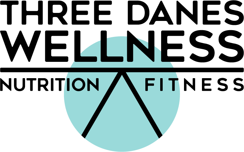 Logo of Three Danes Wellness: text over a teal circle containing a black triangle.