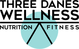 Logo of Three Danes Wellness: text over a teal circle containing a black triangle.