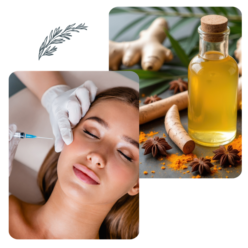 A woman is getting an injection in her face next to a bottle of oil.