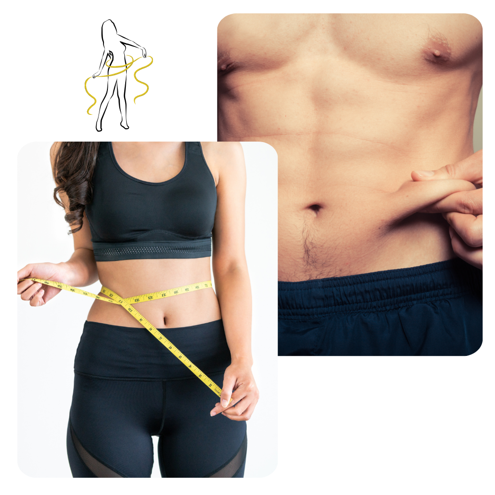 A woman is measuring her waist with a tape measure next to a man 's torso.