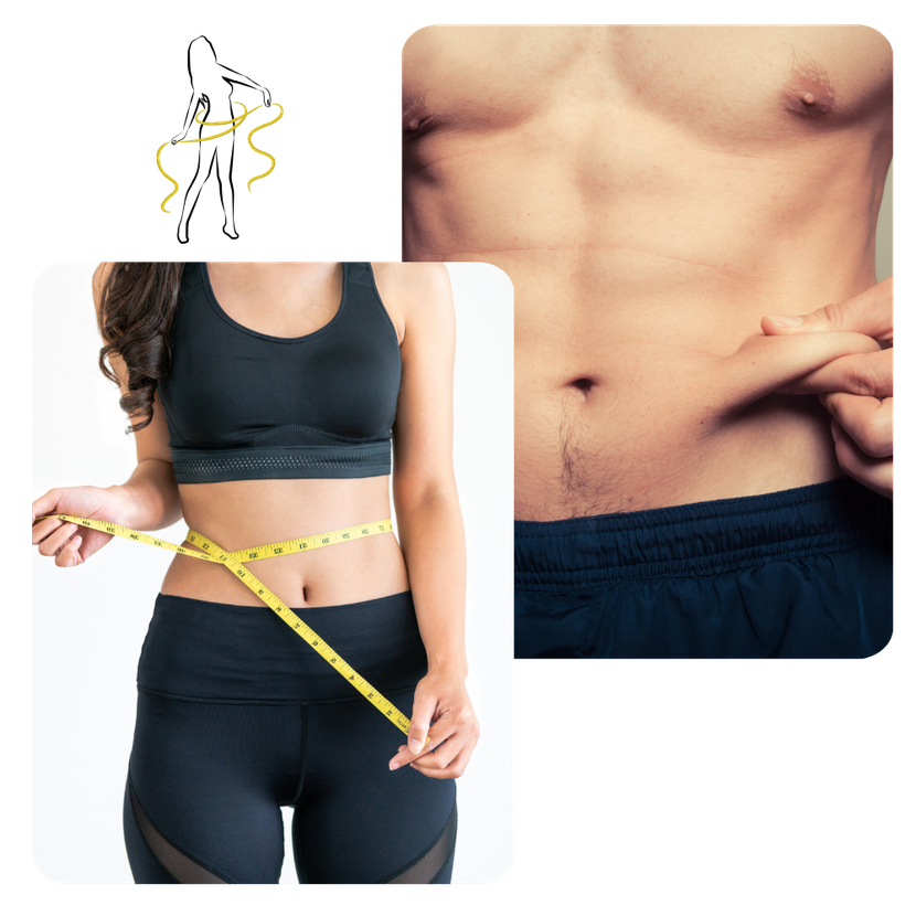 A woman is measuring her waist with a tape measure next to a man 's torso.