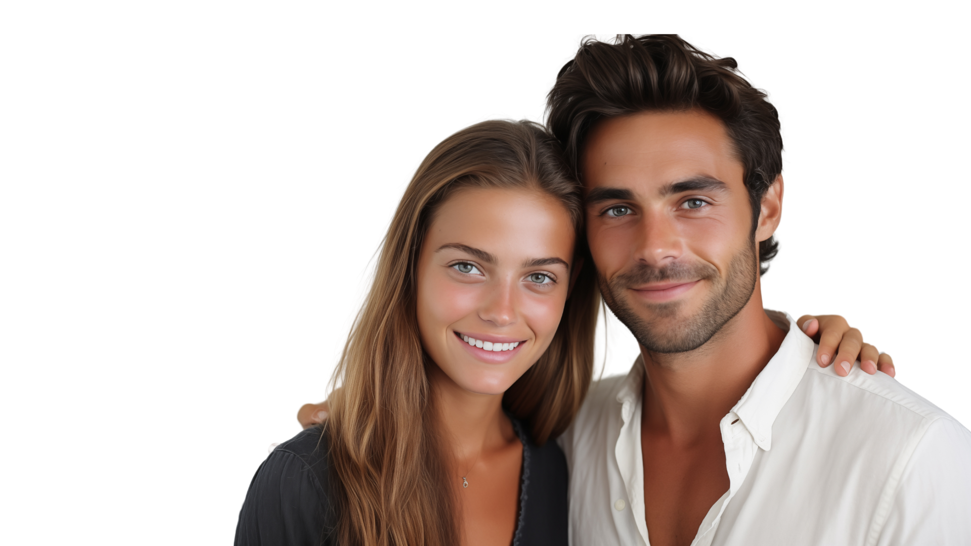 A man and a woman are posing for a picture and smiling for the camera.