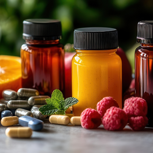 A table topped with bottles of vitamins , pills , raspberries and fruit.