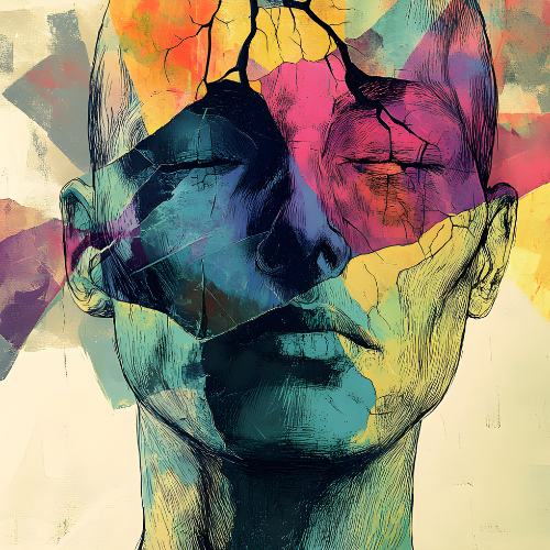 A colorful painting of a man 's face with his eyes closed