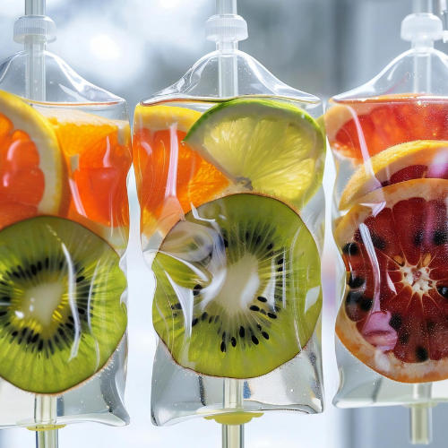 A row of bags filled with kiwi and orange slices