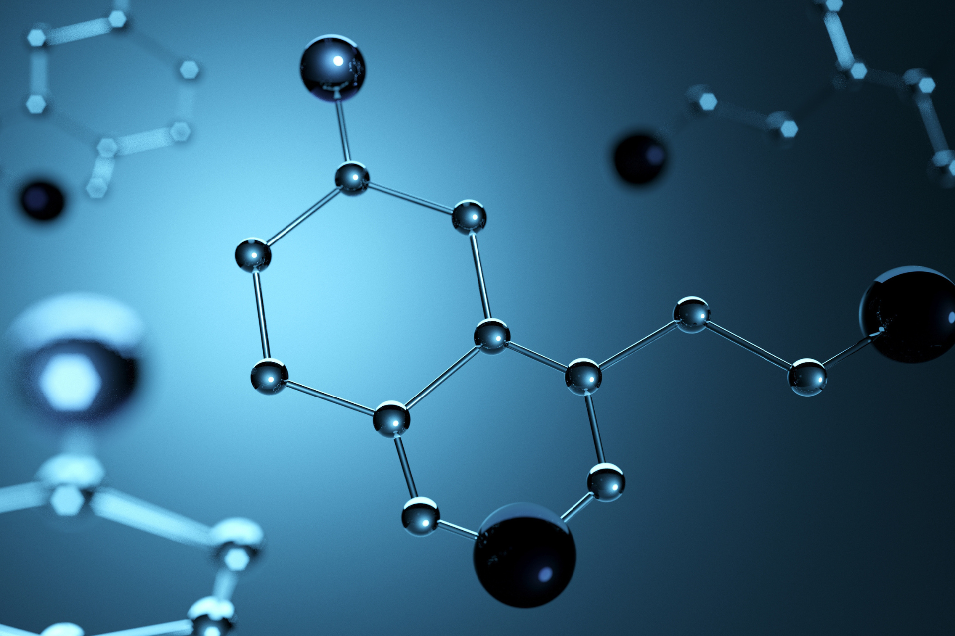 A close up of a chemical structure on a blue background.