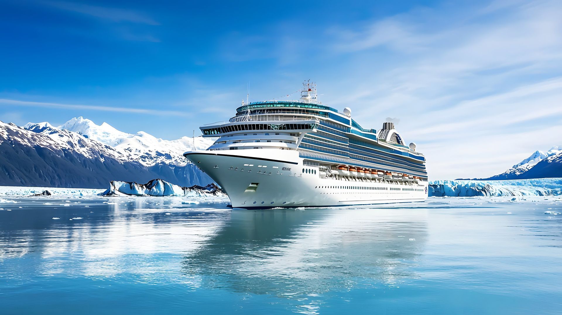 Large cruise ship sailing in icy blue waters with snow-covered mountains in the background