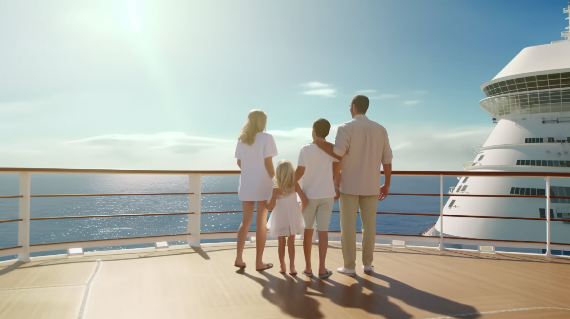 Family standing on a cruise ship deck, looking out at the ocean in warm sunlight.