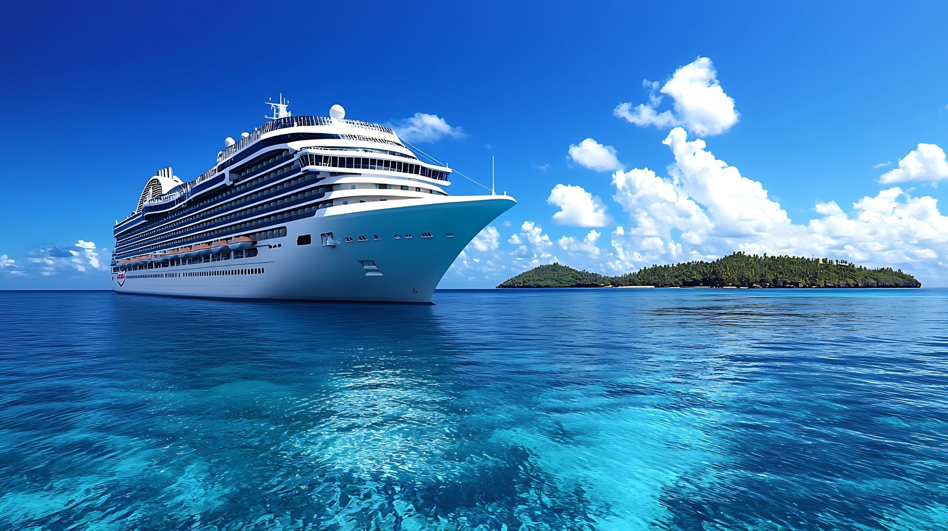 Large white cruise ship on bright blue tropical water near a small green island under a sunny sky