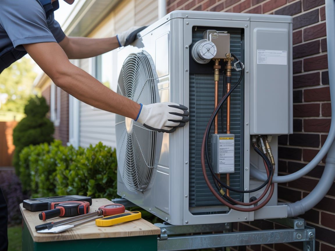 HVAC technician working on an outdoor air conditioning unit.