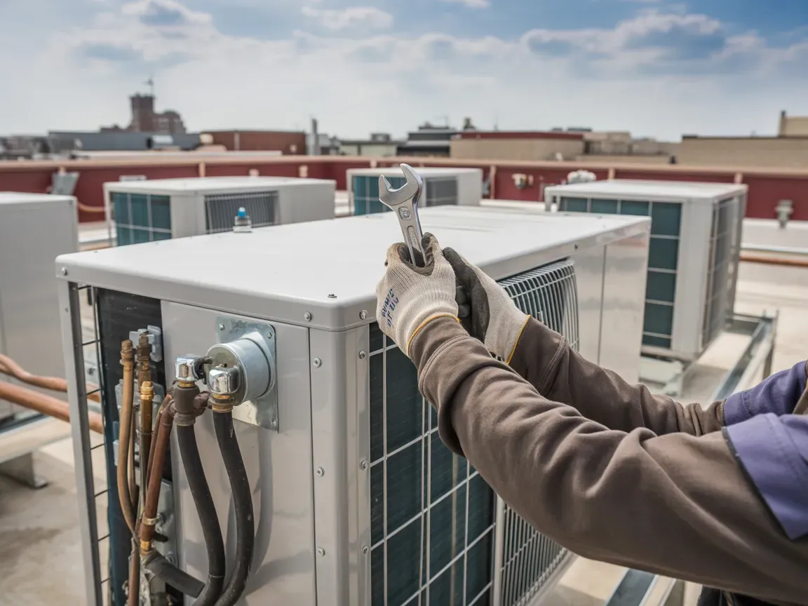 HVAC technician working on rooftop air conditioning unit, using a wrench.
