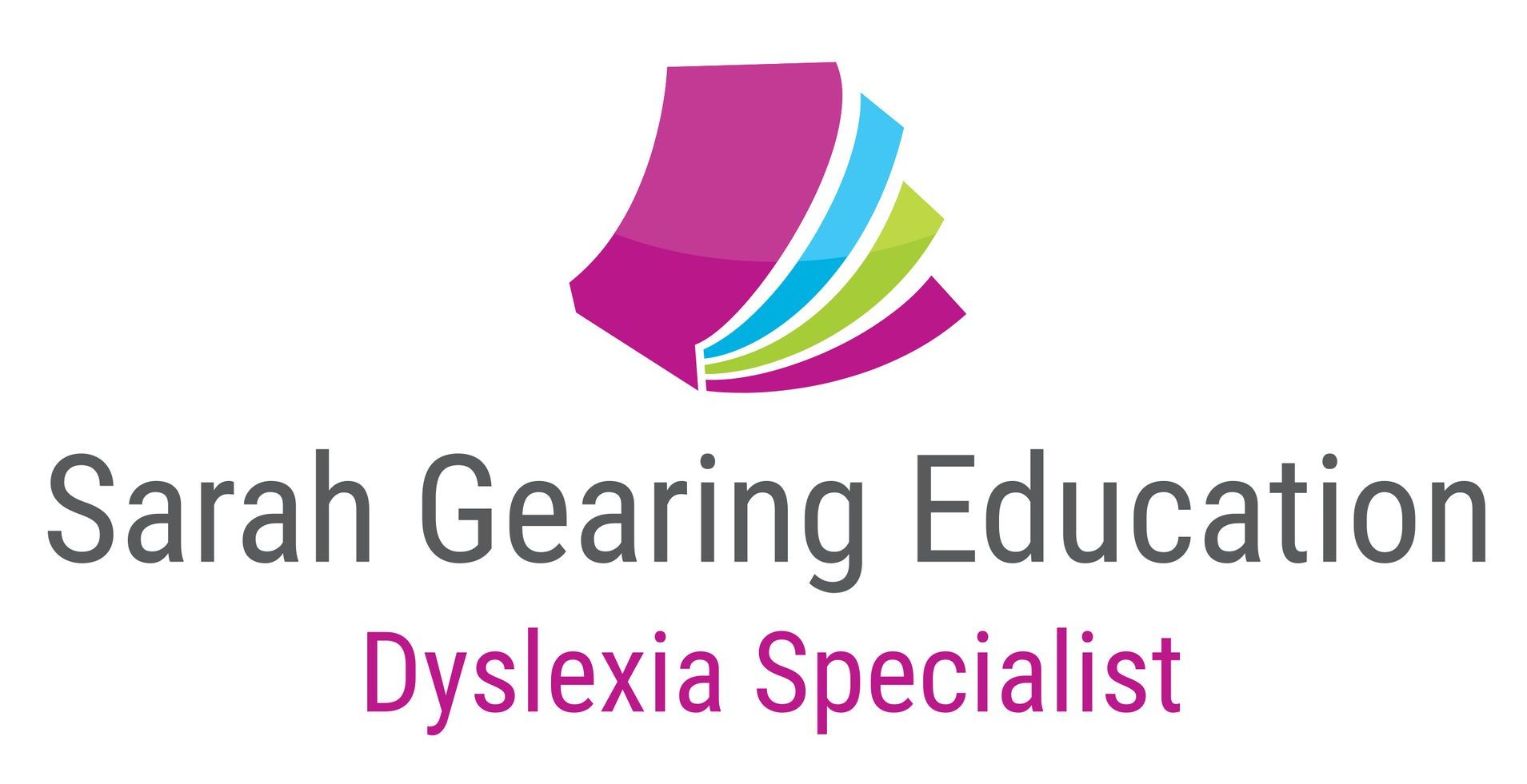 Logo for Sarah Gearing Education.  Purple, blue, and green layered shapes above the text 
