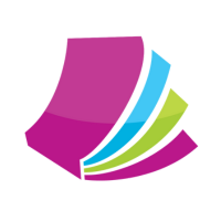 Abstract logo: purple and green stylized open book with blue accents.