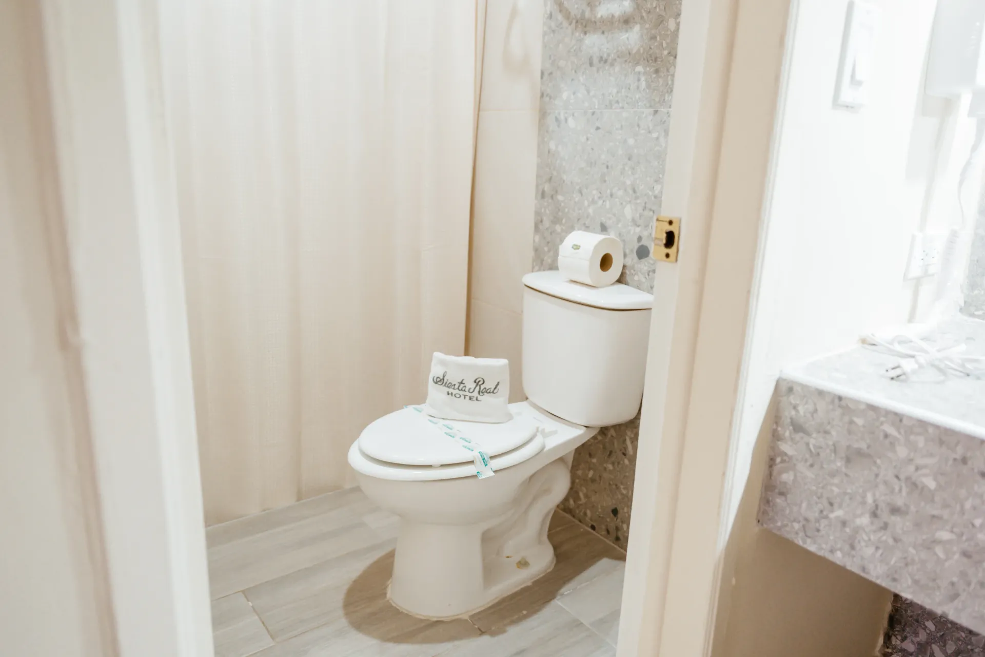 Un baño con inodoro, lavabo y cortina de ducha.