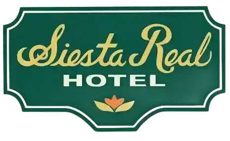 Siesta Real Hotel logo with gold lettering on a green background.