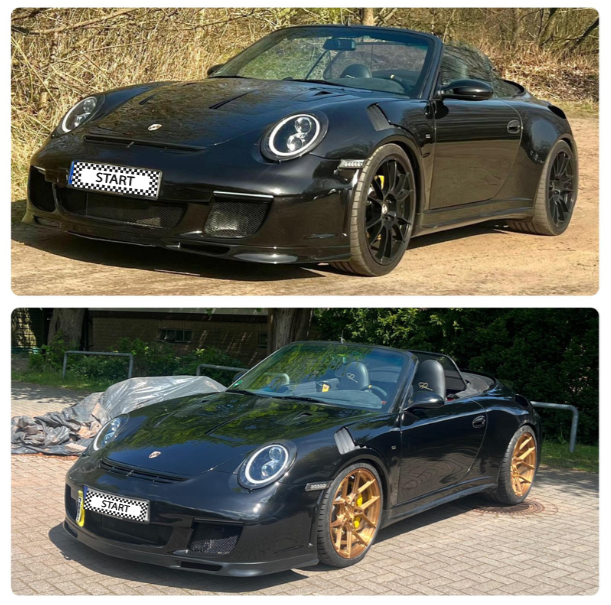 Zwei Fotos eines schwarzen Porsche-Cabriolets, eines mit schwarzen Felgen und das andere mit goldenen Felgen