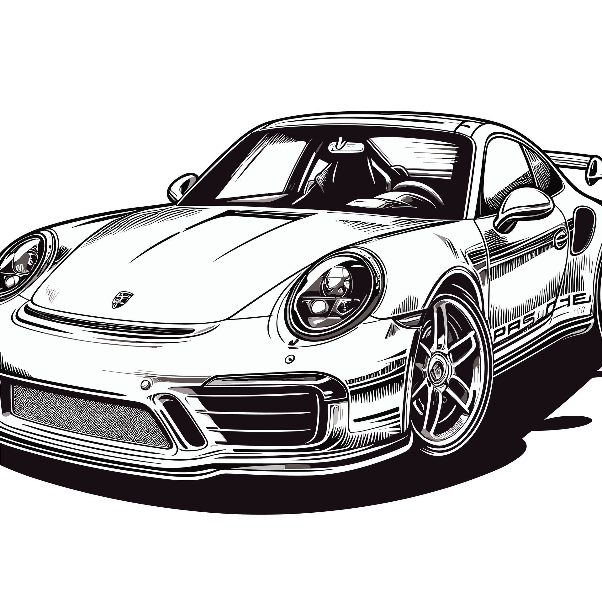 Schwarz-Weiß-Illustration eines Porsche-Sportwagens, leicht abgewinkelt, detailliert mit Schattierungen.