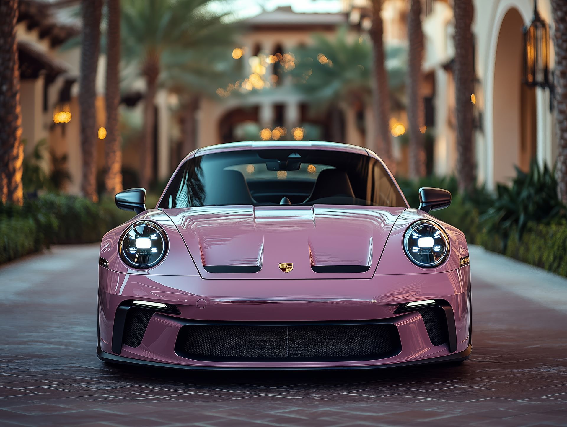 Ein weisser Porsche steht vor einem Café im Abendlicht