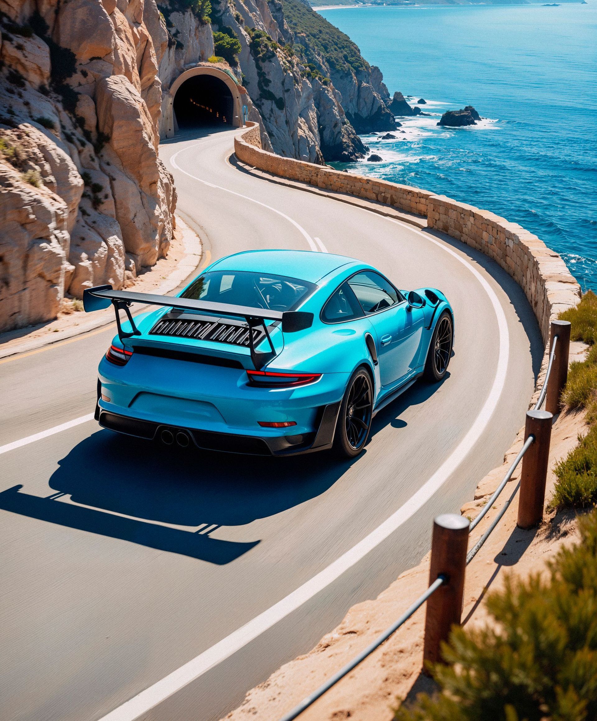 Ein blauer Porsche fährt eine Straße in der Nähe des Ozeans entlang