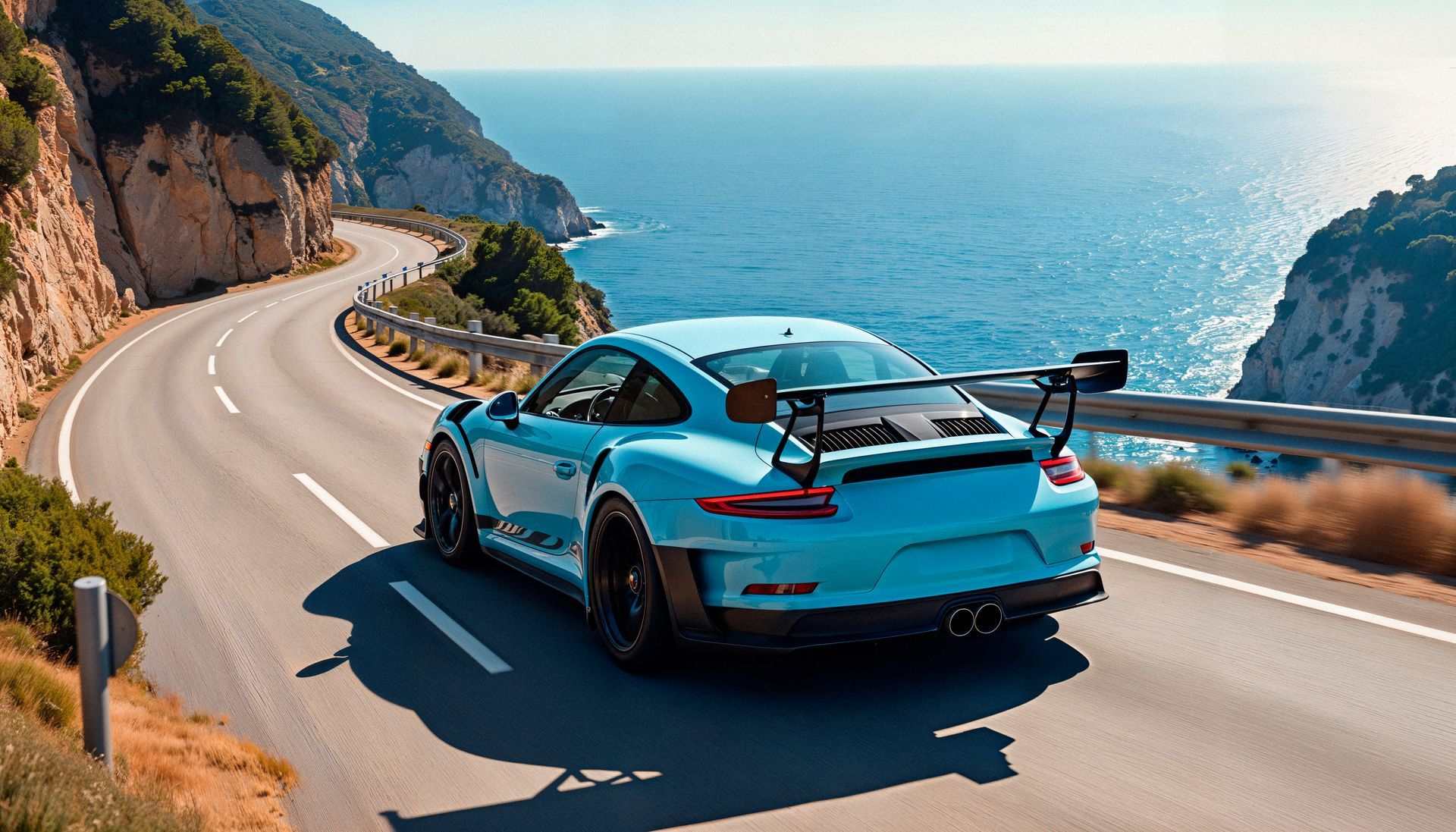 Ein blauer Porsche fährt auf einer Straße entlang einer Küste