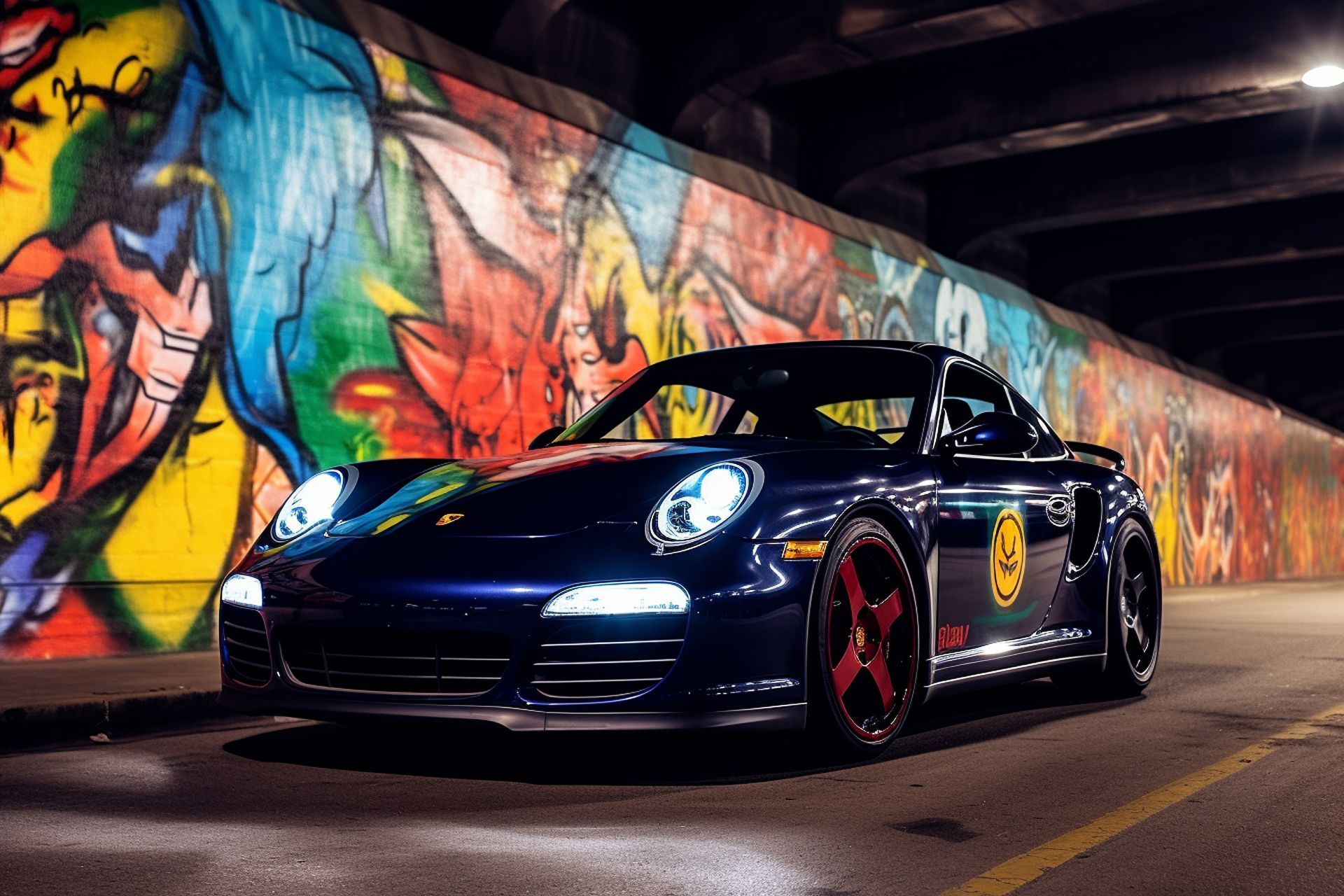 Ein schwarzer Porsche steht vor einer Graffiti verzierten Mauer