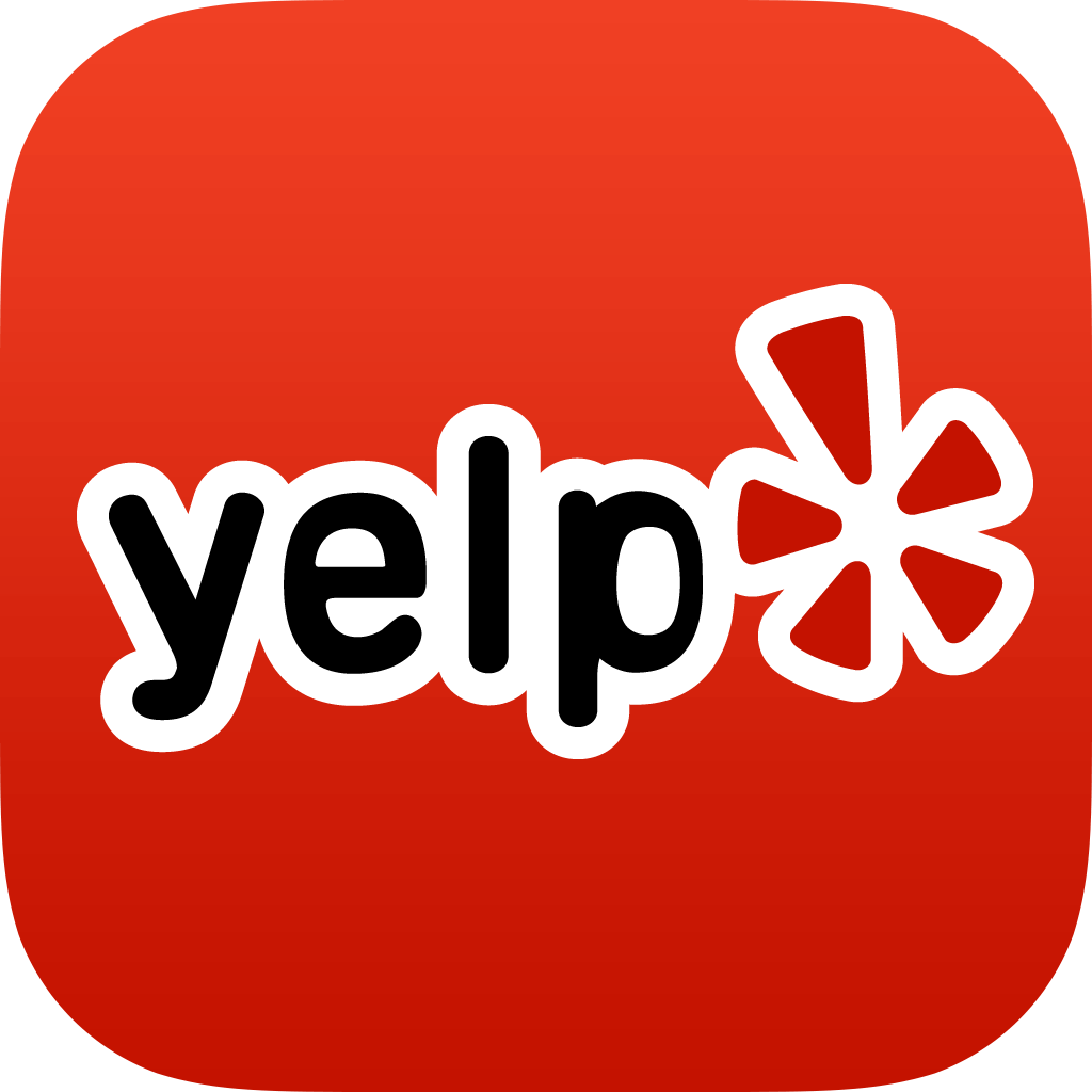 Yelp logo: white text with black outline on a red square, includes a star-shaped icon.