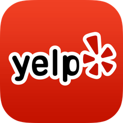 Yelp logo: white text with black outline on a red square, includes a star-shaped icon.