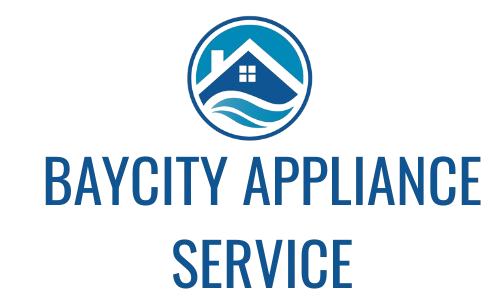 Logo for Baycity Appliance Service: Blue house and waves in circle above text "Baycity Appliance Service".