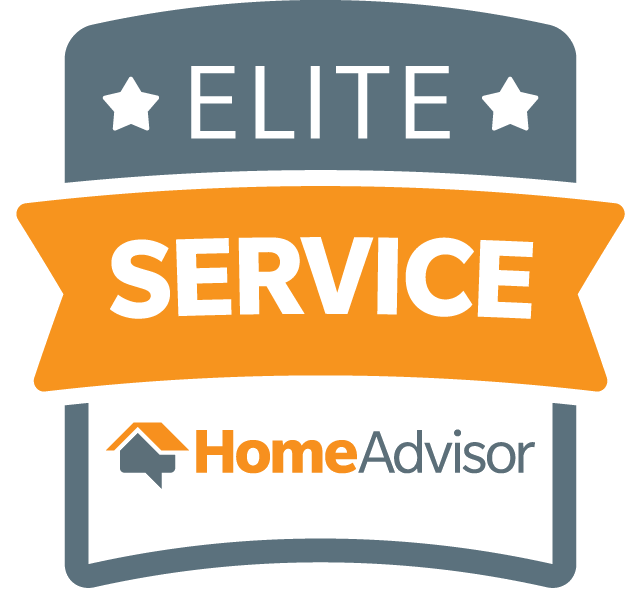 HomeAdvisor Elite Service badge: grey and orange with text, stars, and logo.