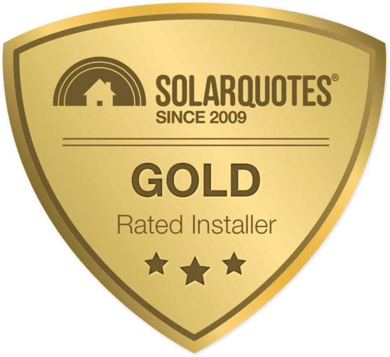 Gold rated installer badge from SolarQuotes. Shield-shaped, gold with stars.