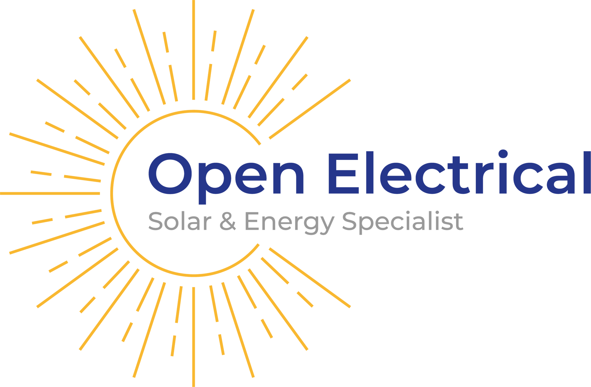 Logo for Open Electrical: Sun with radiating lines around a circle containing company name and tagline.