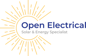 Logo for Open Electrical: Sun with radiating lines around a circle containing company name and tagline.