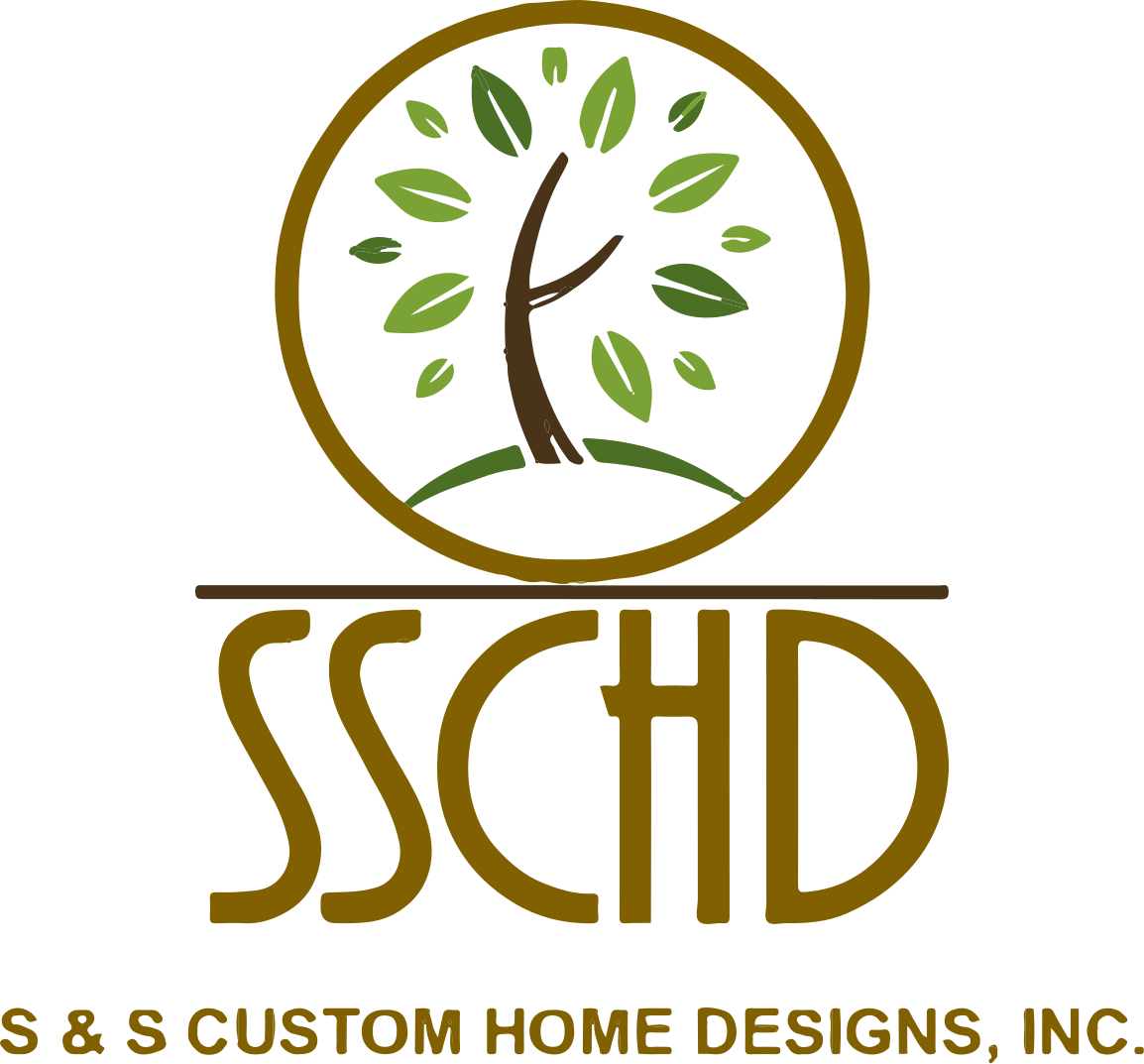 Logo for S & S Custom Home Designs, Inc., featuring a tree within a circle above the letters 