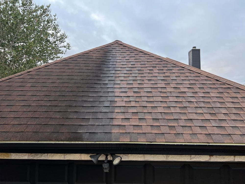 Picture of Roof Before and After Being Cleaned | Buda, TX | Texas Roots Property Care
