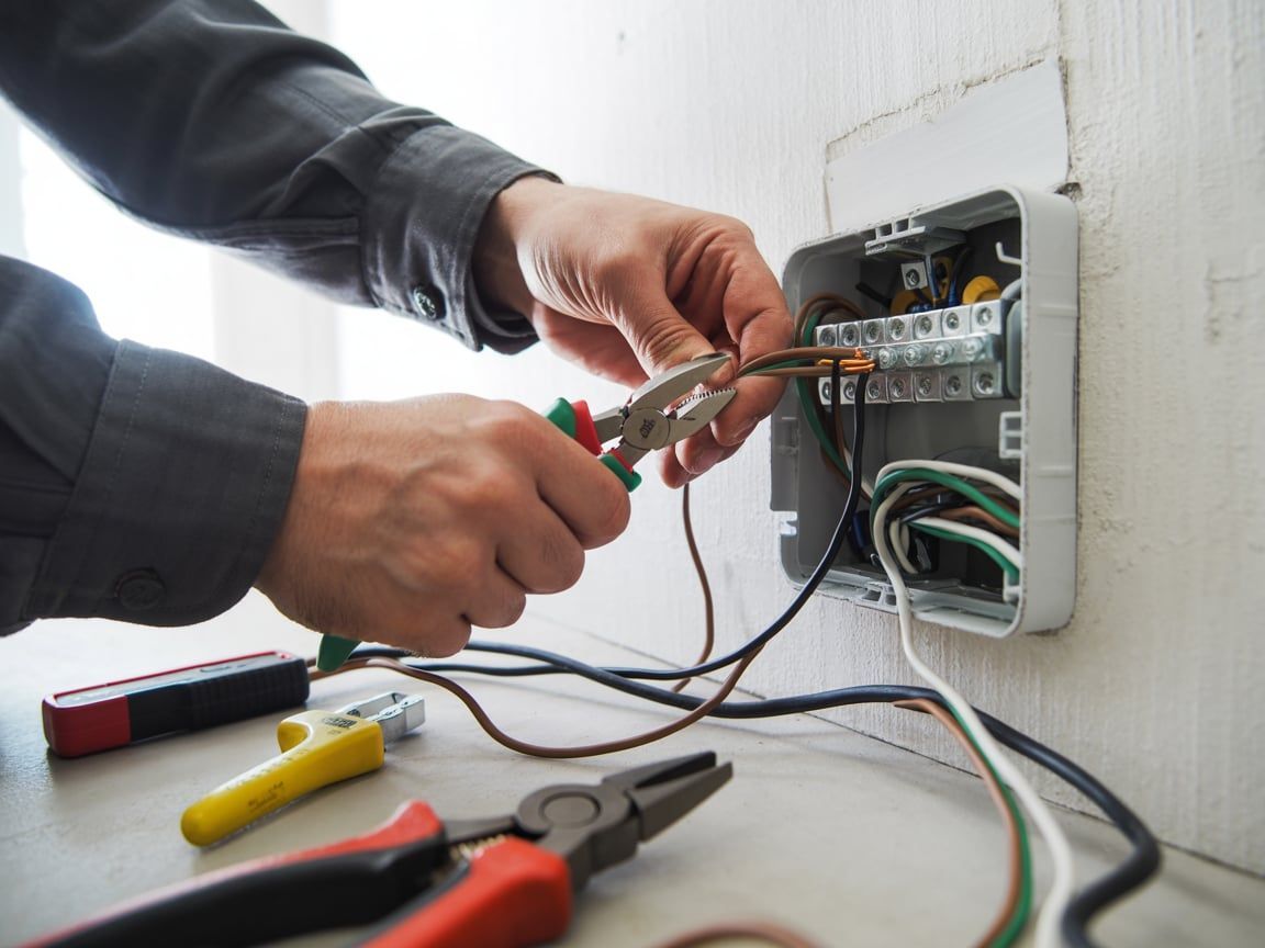 Electrician wiring a junction box with tools.