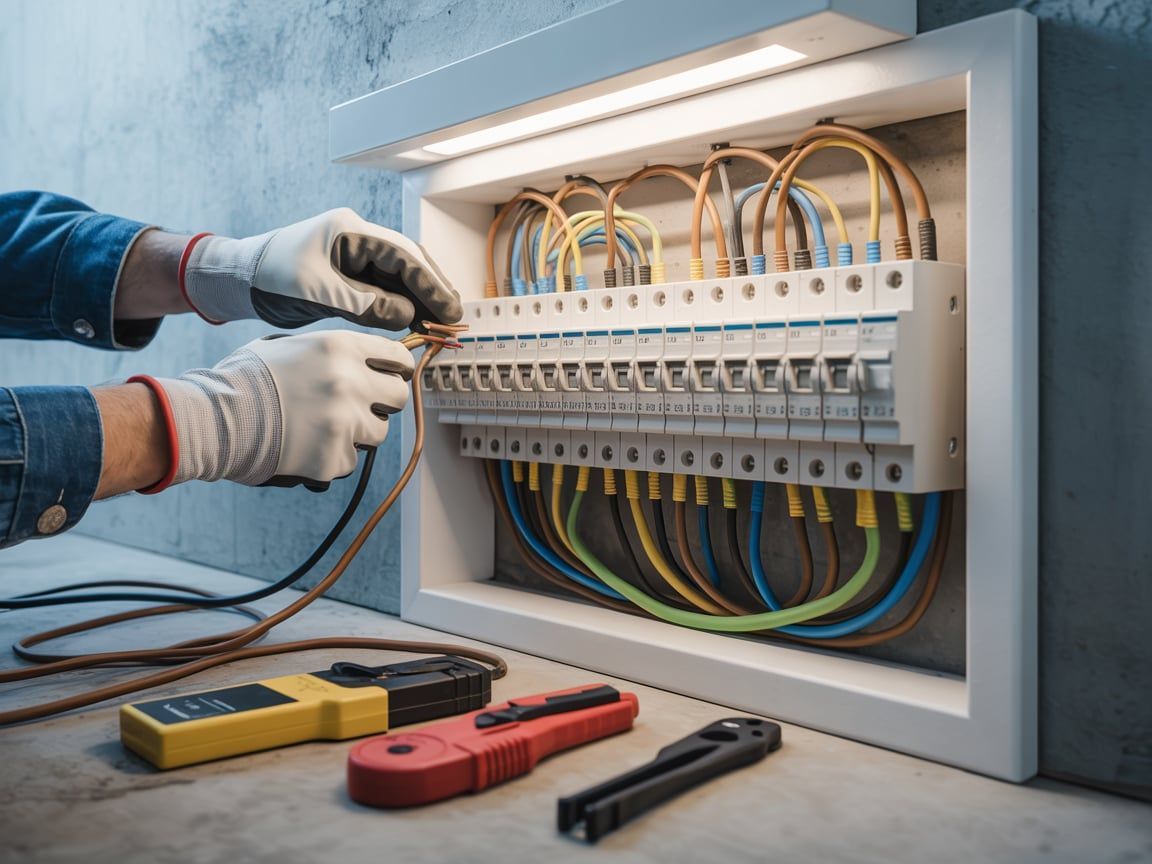 Electrician working on electrical panel, wearing gloves, in a gray setting, with tools.