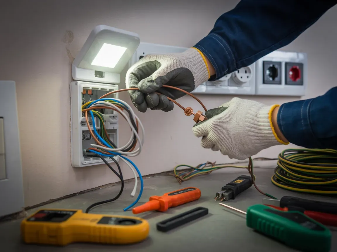 Electrician working on wiring in a wall-mounted junction box, wearing gloves and using tools.