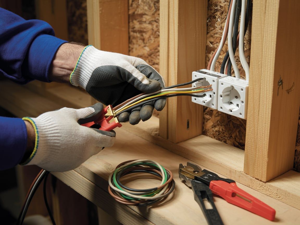 Electrician wiring electrical outlet, wearing gloves, in unfinished wooden wall. Tools and wires are visible.