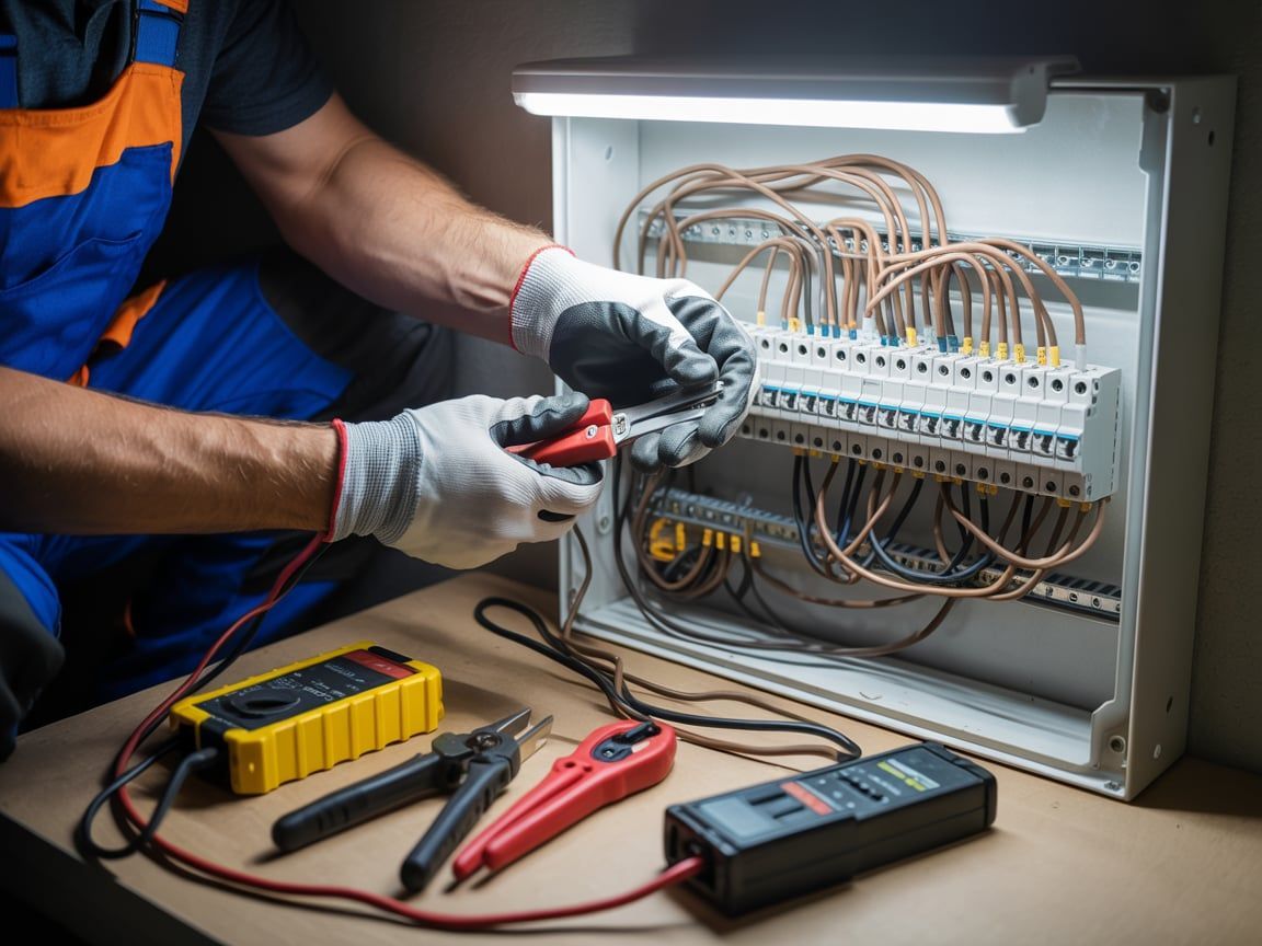 Electrician working on electrical panel, using tools and wearing gloves in a well-lit room.
