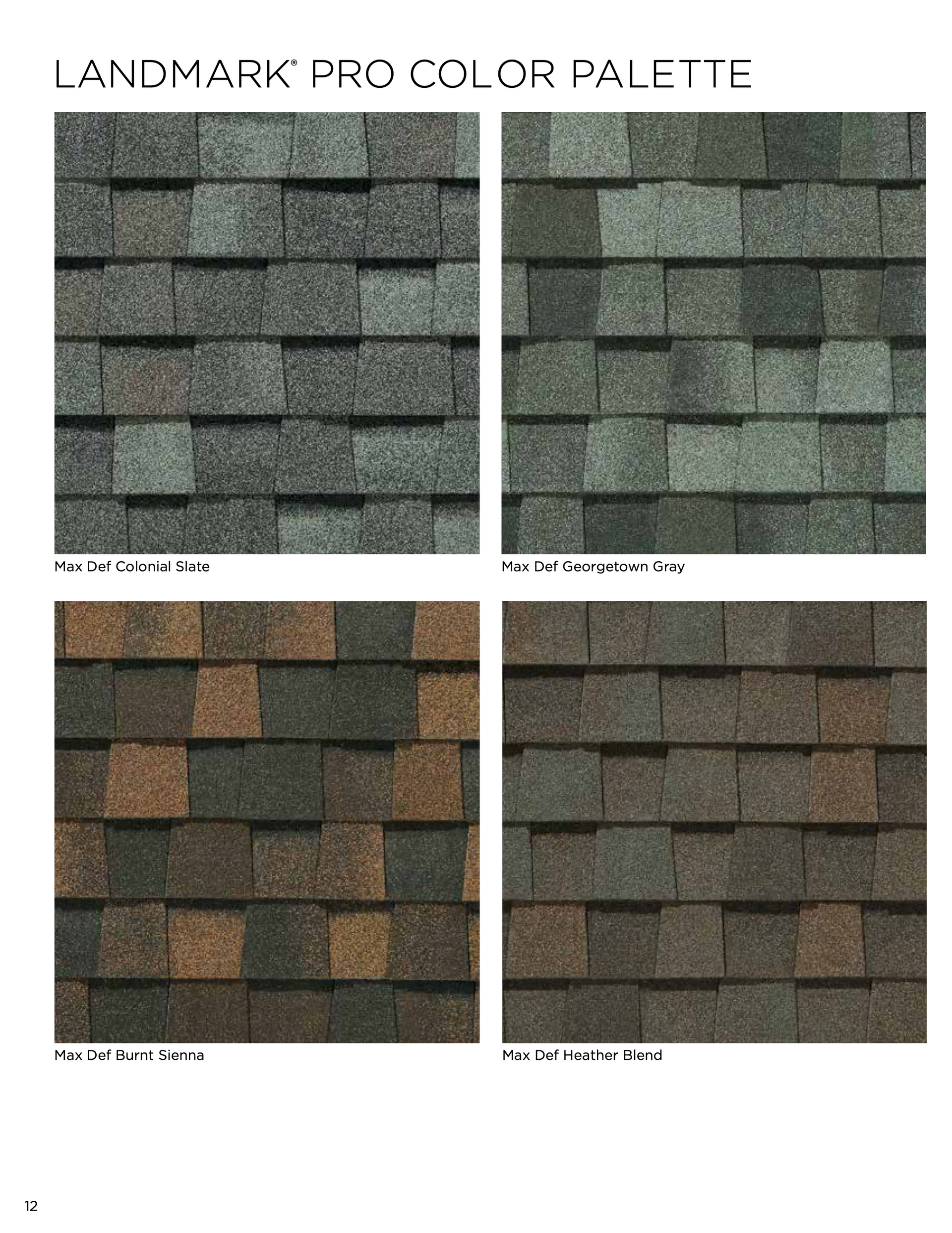 A brochure for landmark pro color palette shows four different shades of shingles.