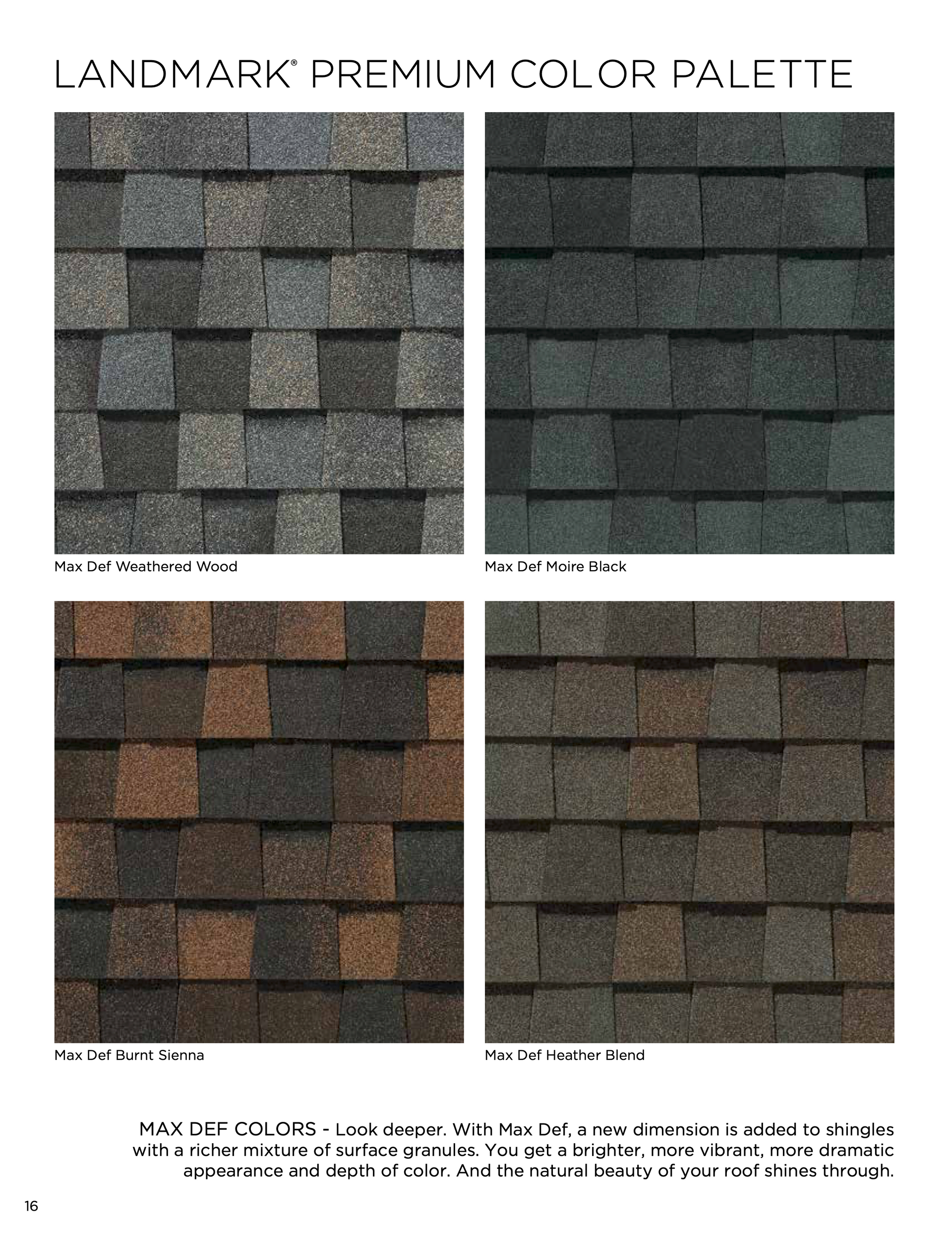 A brochure for landmark premium color palette shows four different shades of shingles.