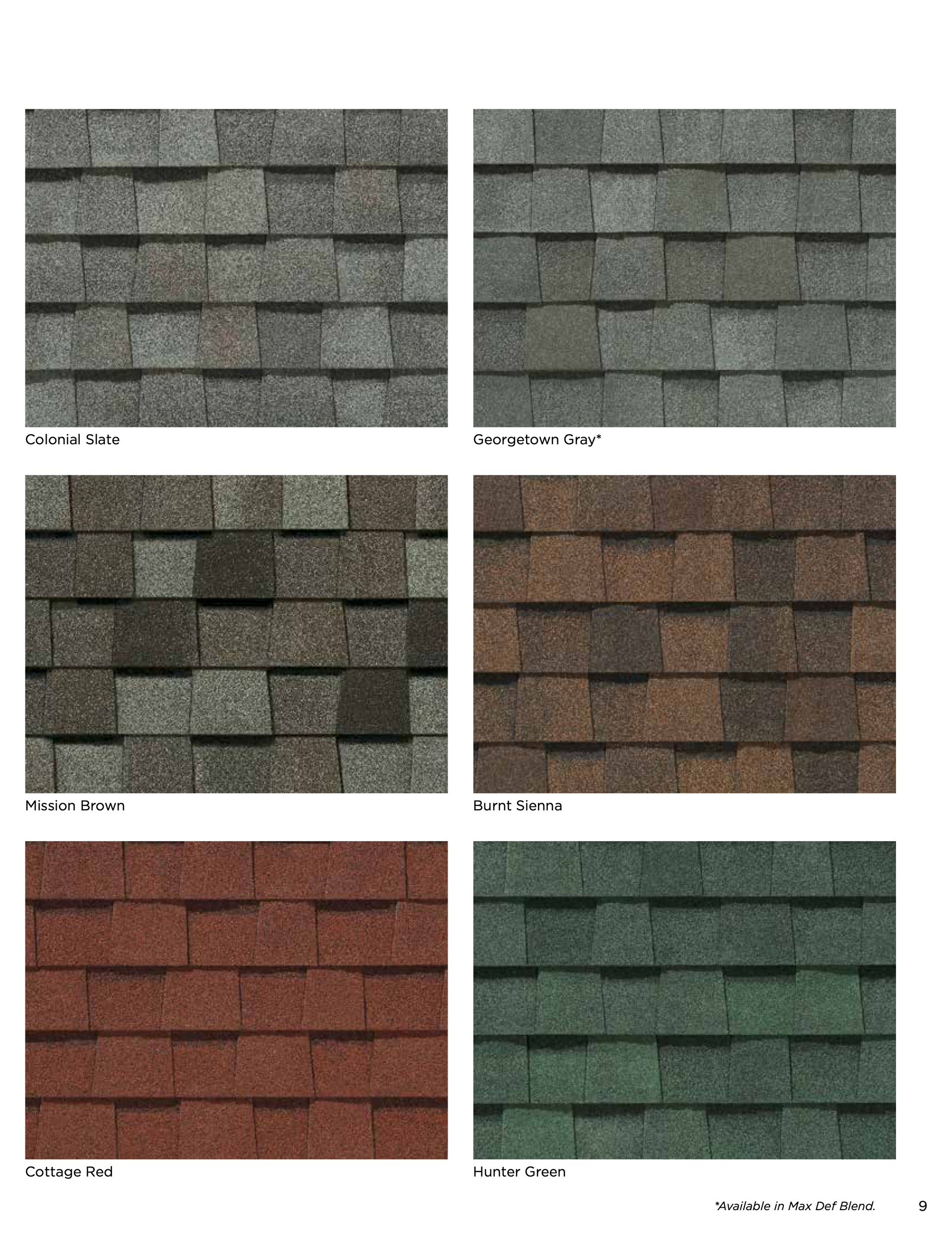 Six different types of shingles are shown on a white background