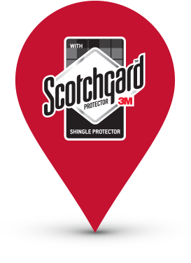 A red pin with the scotchgard logo on it