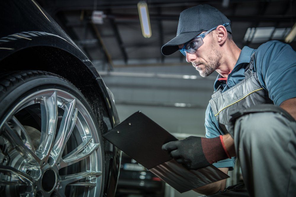 A man is working on a car in a garage and looking at a clipboard.