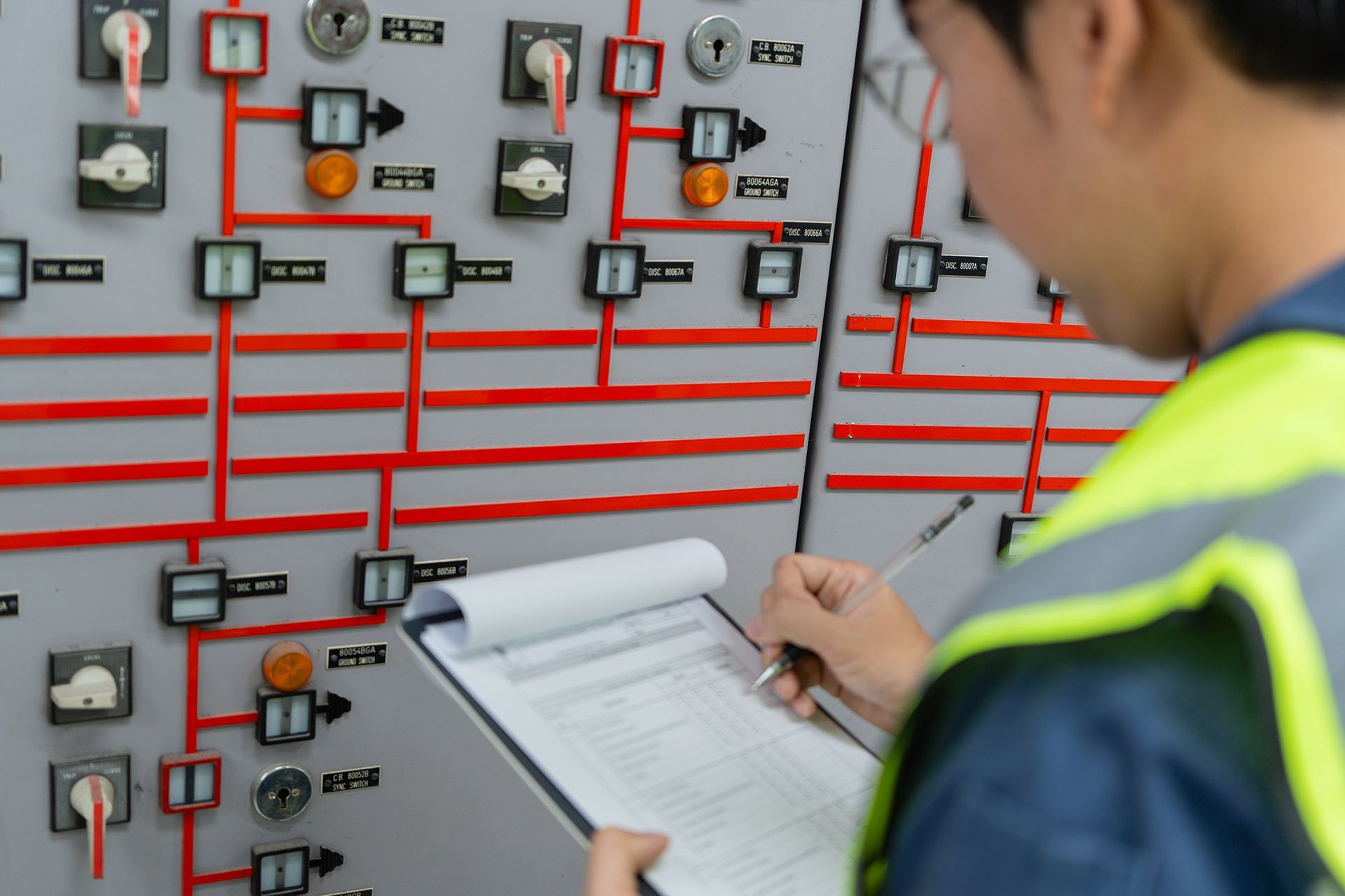 Person in safety vest, inspecting control panel, taking notes on clipboard.