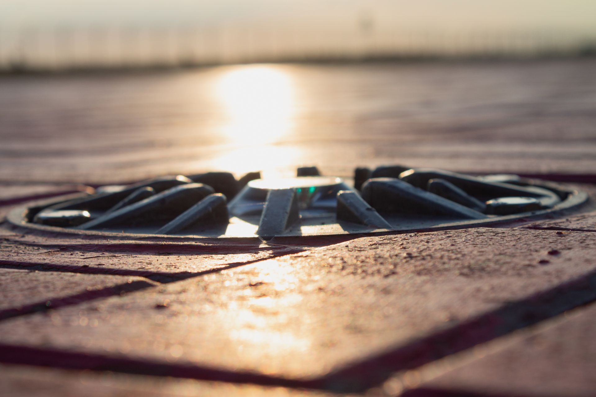 Close-up of a circular road marker with blades on red pavement, sun in the distance.
